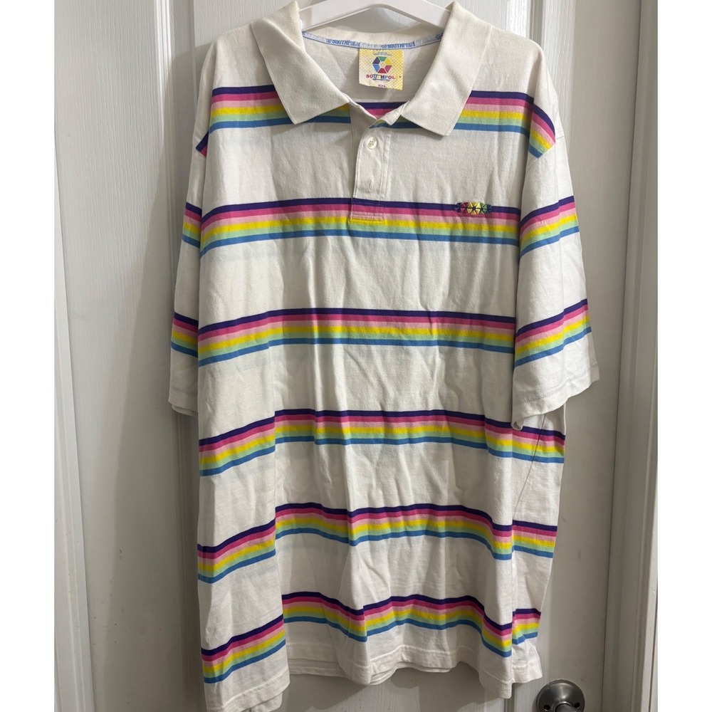 VTG Southpole Mens XXL Rainbow Striped Polo Shirt - Y2K Streetwear - White